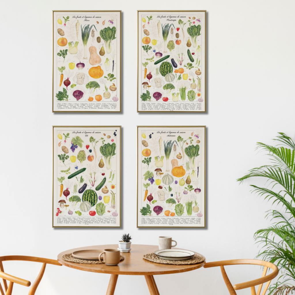 les fruits et légumes de saison, illustration originale Alicia Pénicaud, illustration botanique, planche naturaliste, planche pédagogique, planche botanique, dessin botanique, décoration d'intérieur, calendrier fruits et légumes, zéro déchets, 